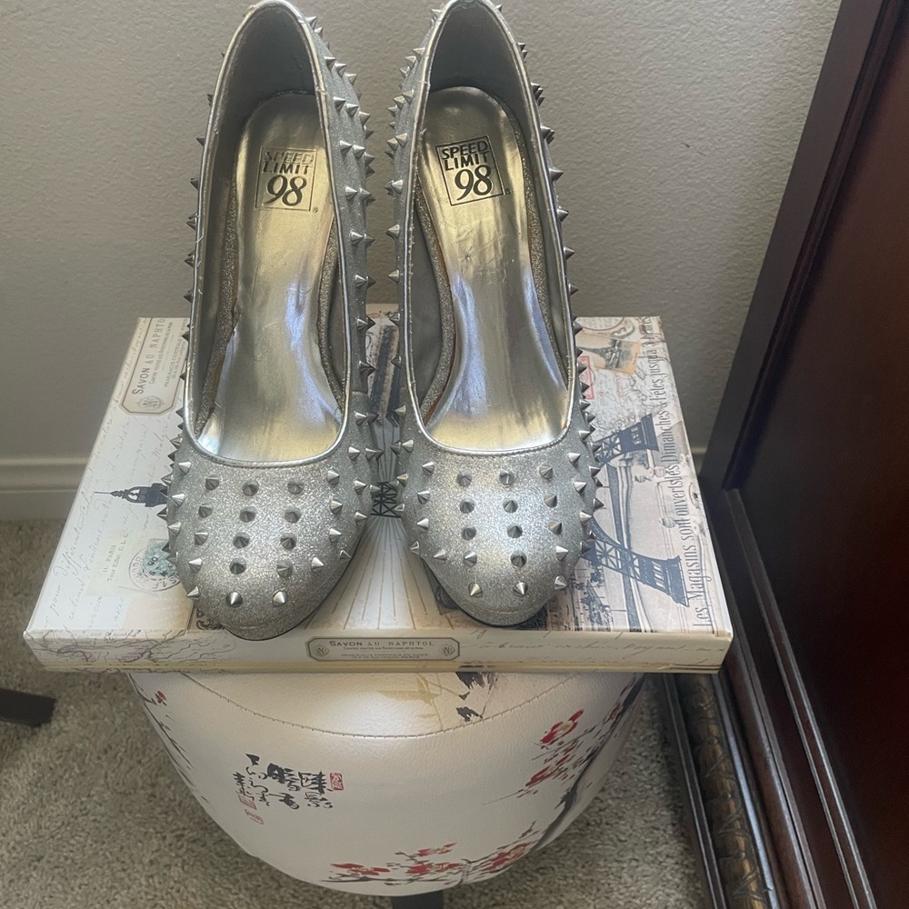 Speed Limit 98 Silver Spiked Stiletto Heels